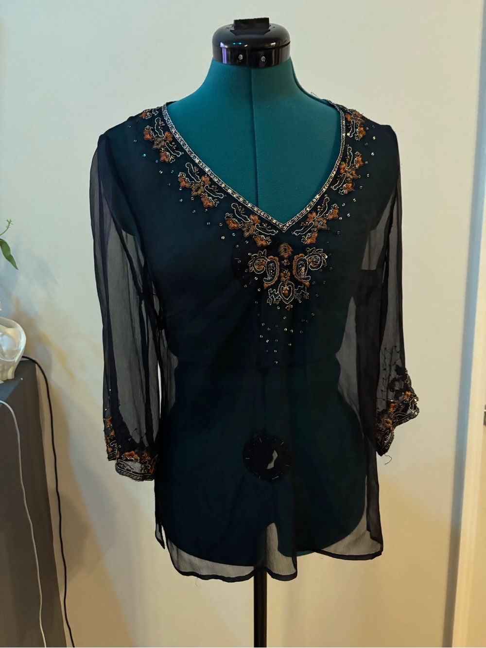 WD.NY Black Silk Sheer V-Neck Tunic with Gold Embroidery, 6
